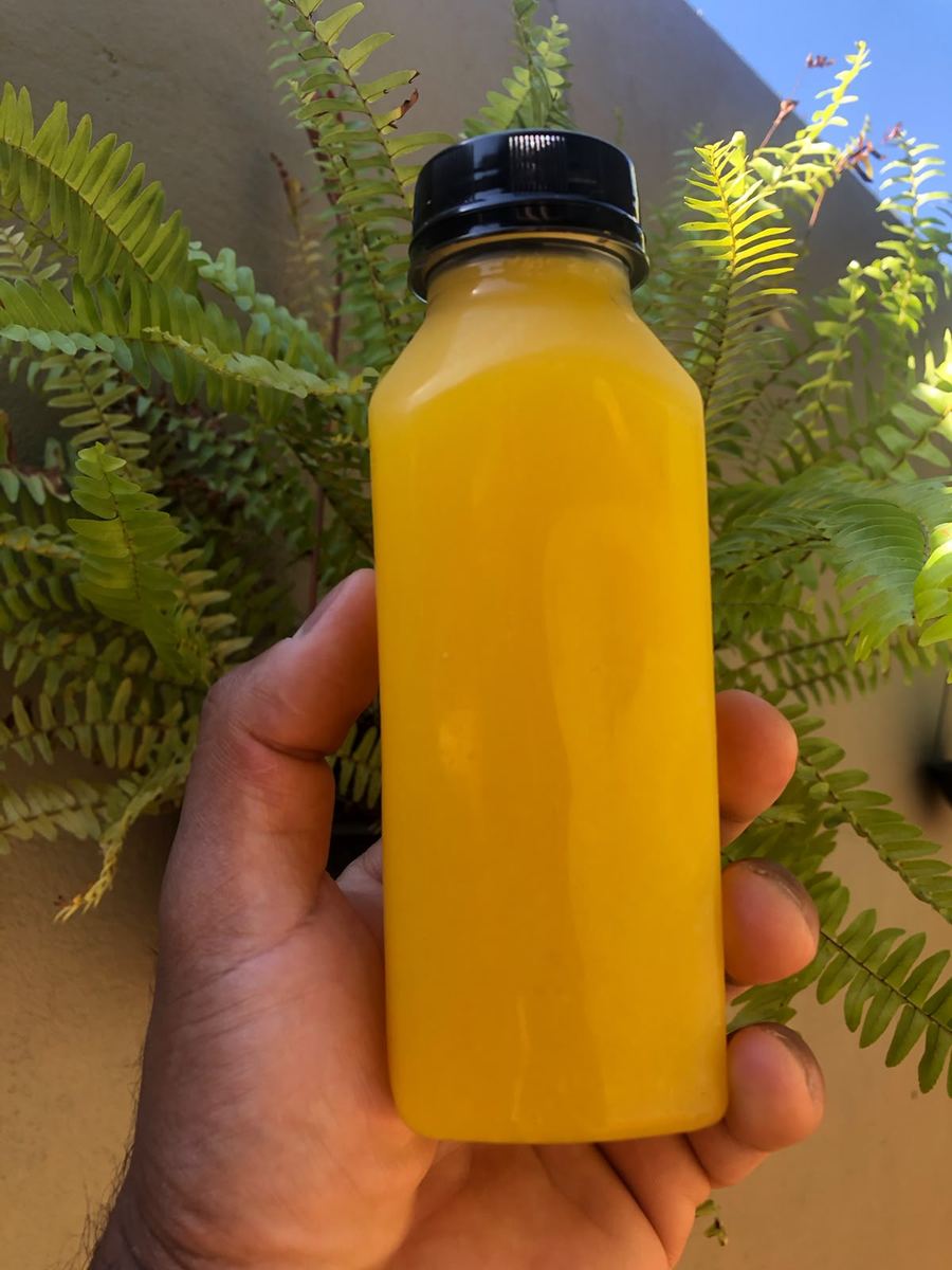 Suco de laranja natural ao ar livre, com folhagem ao fundo